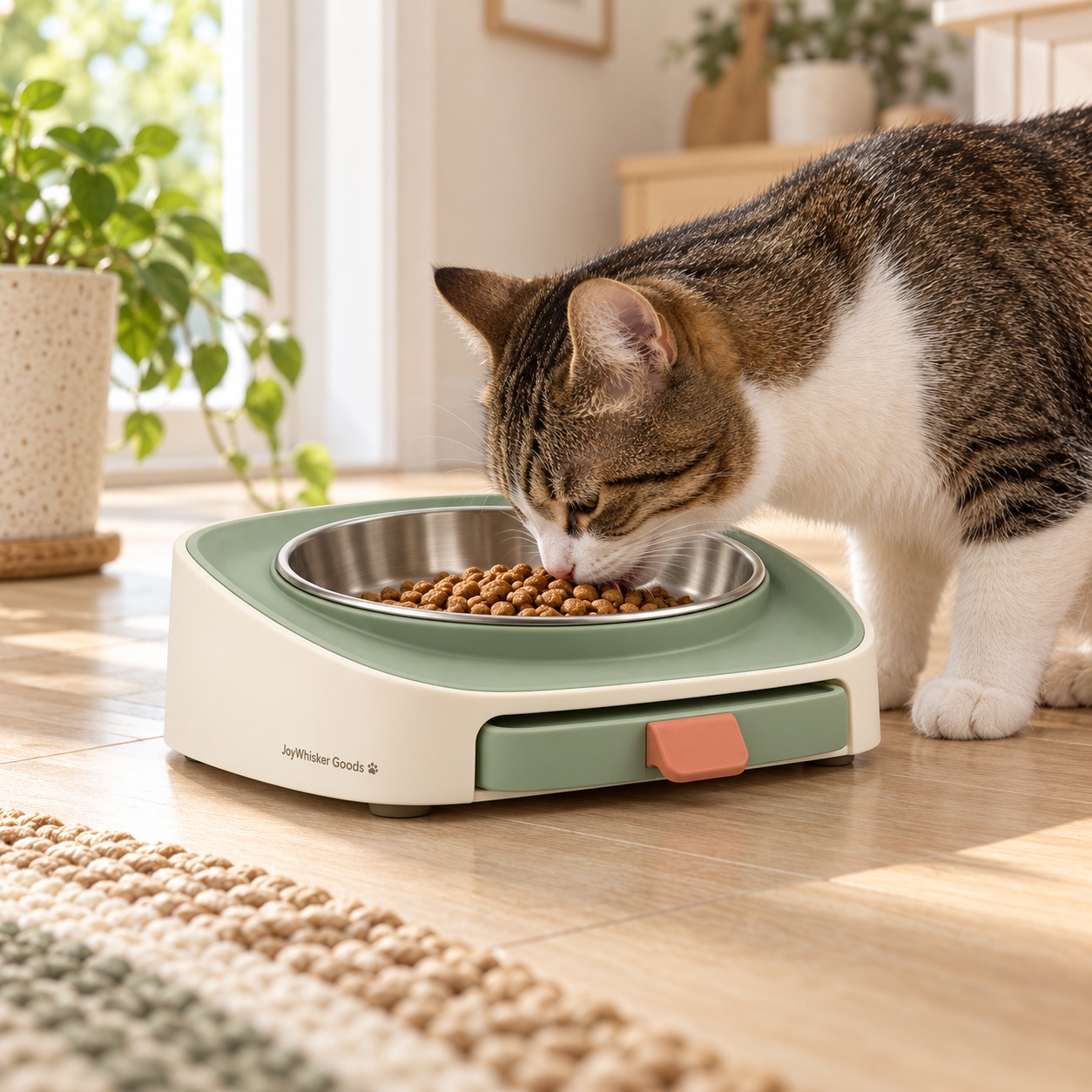 Cat enjoying a meal from a feeding station